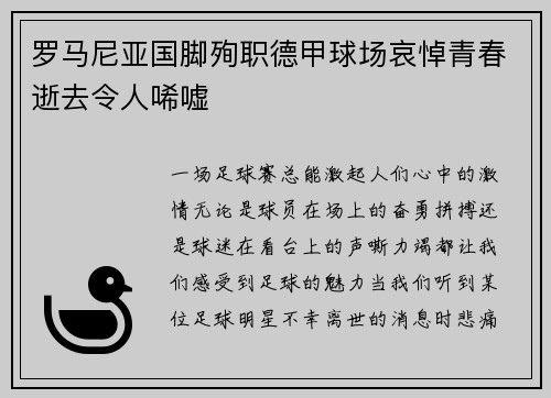 罗马尼亚国脚殉职德甲球场哀悼青春逝去令人唏嘘